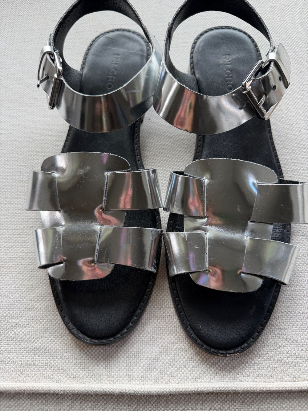 Pilcro Metallic Silver Buckle-Strap Flat Sandals